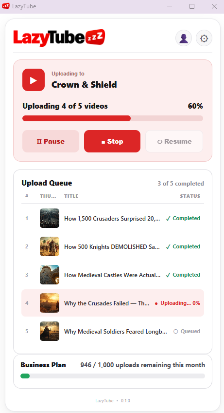 LazyTube Upload Queue